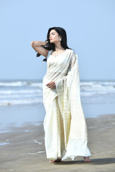 'Zehn-e-Gul' Off-White Pure Resham Cotton Silk Banarasi Handloom Saree
